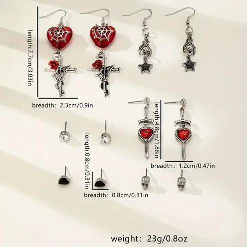 NEW Set of 6 Gothic Punk Earrings – Skull Studs, Heart Stud, Sword, Bat & Spider Web