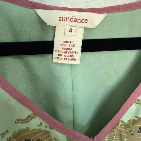 Sundance Arcana Ikat Pixilated Paisley 100% Silk Midi Dress Sz 4 Green Tan Pink