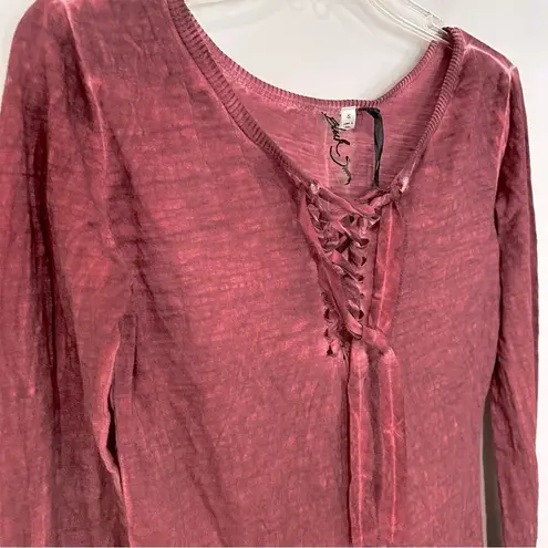 Black Swan Distressed Lace Up Long Sleeve Top Blouse Women's Small Maroon Boho
