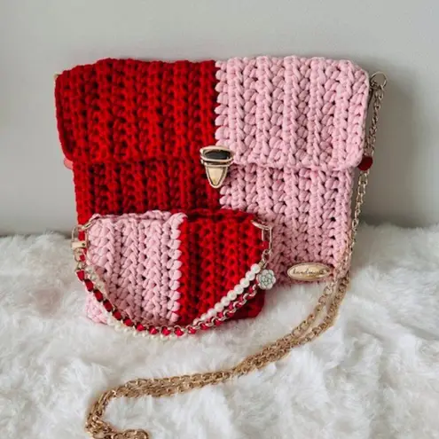 Handmade Red and Pink Crochet Bag Set