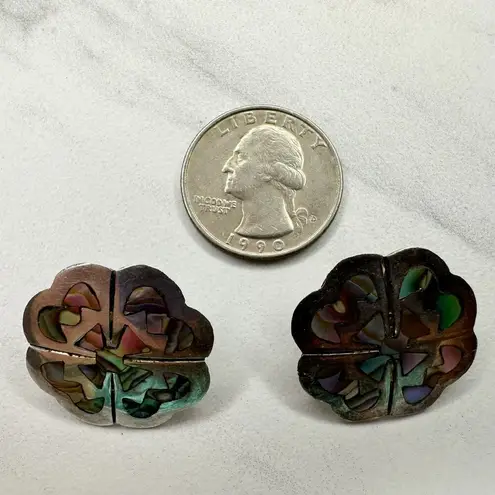 Vintage Alpaca Mexico Sterling Silver 925 MR Abalone Flower Earrings ✨