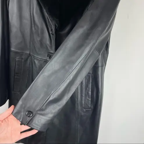 Covington Long Black Leather Jacket Button Front Trench Sz Med Faux Fur Collar