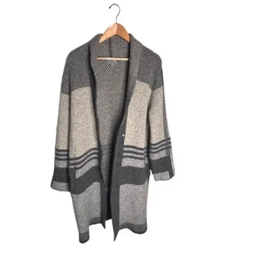 Joseph A Duster Cardigan Size Large Gray Plaid Snap Buttons Pockets Acrylic