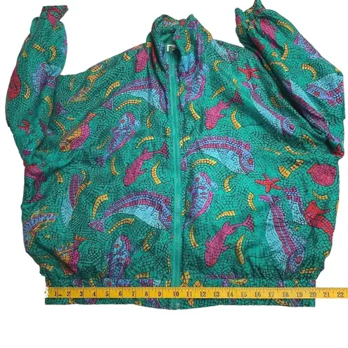 80s Lady Bear Silk All Over Print Full Zip Bomber Jacket Green Plus Size 1X Vtg