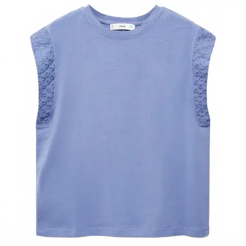 Mango  100% Cotton Embroidered Sleeve T-Shirt Maria Blue NWT Medium