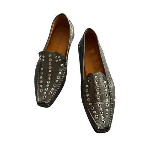 ROBERT ZUR Pewter Silver Metallic Leather Studded Flats Loafers Size 5.5
