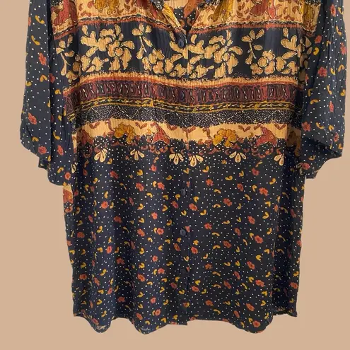 Jane Ashley Vintage Boho Floral Crinkle Cut Oversized Button Up Short Sleeve /