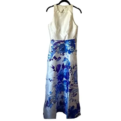 Alfred Sung  Blue White Floral Formal Gown Satin High Neck A-Line Dress size 4