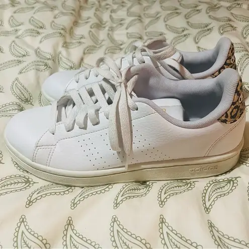 Adidas Advantage Shoes Leopard Heel Sneakers Lace Up Tennis Shoes White 7.5