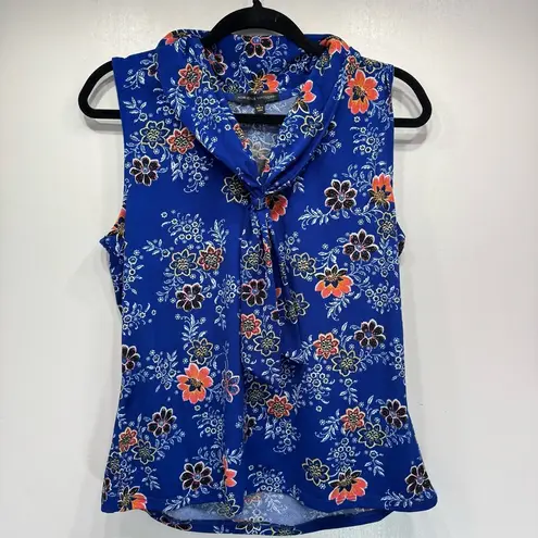 Adrienne Vittadini Blue Retro Floral Sleeveless Blouse Metal Logo Hardware