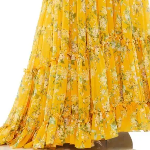 Mac Duggal Yellow Gown Floral Chiffon Gown Yellow Back Formal size 10 NWT