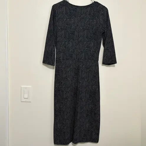 Mata Traders Organic Cotton 3/4 Sleeve Dress Size Small, Navy and Gray Print Blue