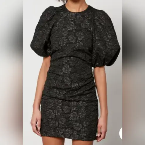 Ganni Stretch Jacquard Puff Sleeves Mini Dress Black Size 34 XS