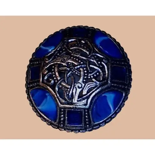 Vintage Miracle Celtic Blue Agate Pin Brooch Blue Round