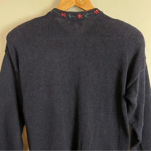 Vintage Embroidered Cardigan Sweater Floral Blue Preowned Cottagecore Medium Blue