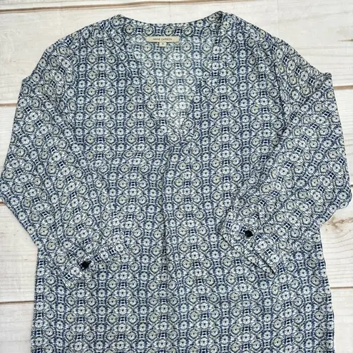 Anne Carson Blue White & Beige Medallion Print Semi Sheer Long Sleeve Blouse