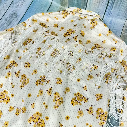 Rock & Roll Cowgirl Pearl Snap Shirt White Fringe Medium Yellow Flowers Polkadot