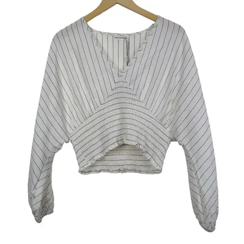 Avec Les Filles Stripe V-Neck Smocked Cropped Top Size L NWT $79