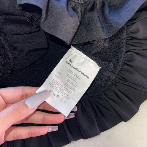 Alexander Wang Black Off the Shoulder Crop Ruffled Stretch-Seersucker Cardigan