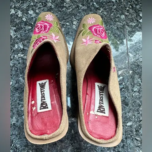 Vintage Riverstone Rosebuds Women’s Brown Leather Suede Western Clogs Y2K Size 9 Tan