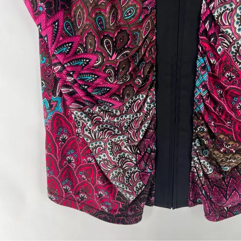 Marc Bouwer Pink Blue Paisley Feather Patterned Zip Front Dolman V