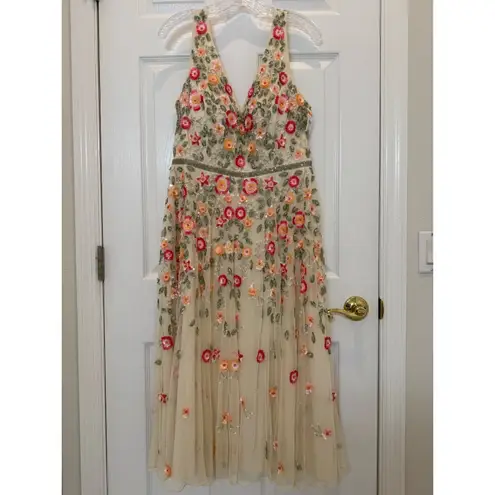 Mac Duggal NWT 5527 V-Neck Sleeveless Midi Floral Beaded A-line Dress Size 10