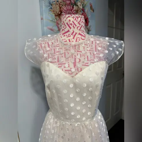 1950s Warren Petites Ivory Polka Dot Tulle Illusion Dress Tea Length Size 6 White