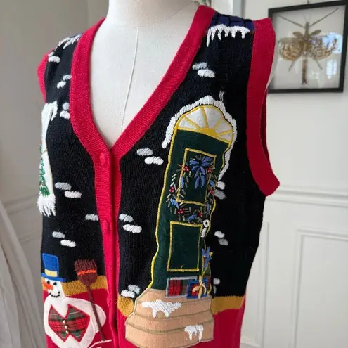 Vintage OHI Christmas Appliqué Embroidered Button Front Sweater Vest S Red