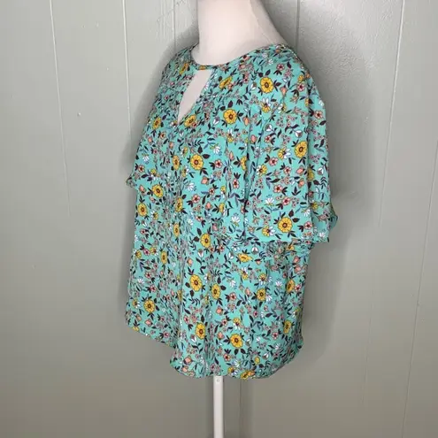 Wishful park  Turquoise & Yellow Flowers Boho Short Sleeves Flowy Top S