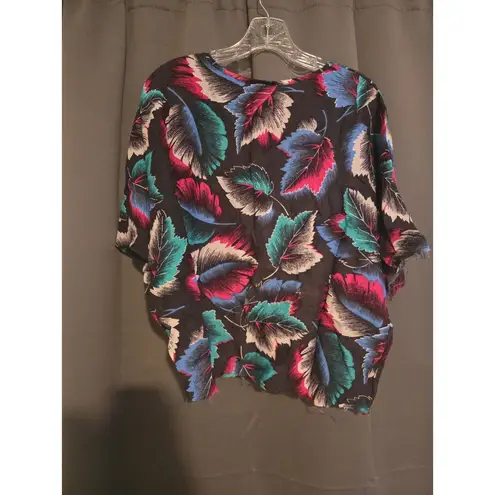 Cherry Hill Black Floral Leaf Print Blouse, Women's Medium Top, Fringe Top