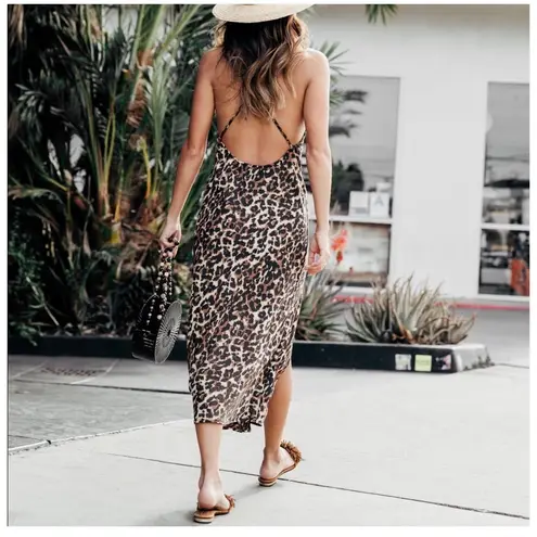 Endless Summer Harper Slip Dress Midi Leopard Open Back Slit Semi