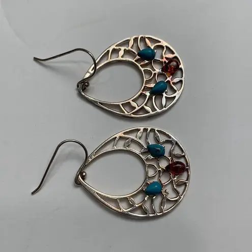 Sterling Silver Shell Style Turquoise and Amber Drop Dangle Silver Earrings with Teardrop Stones