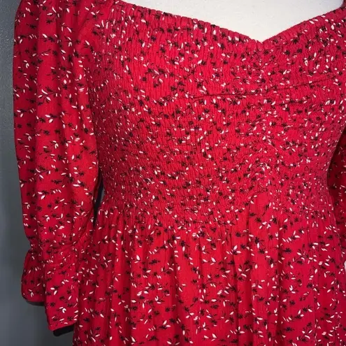 White Birch Red Floral Shirred Sweetheart Square Neck Puff Sleeves Short Dress S