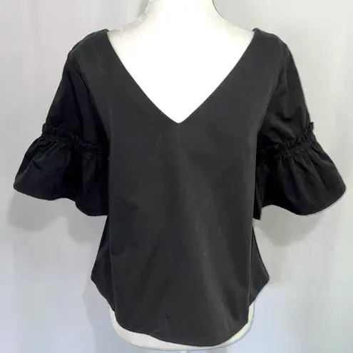 Hers & Mine New Double V Neck Blouse Ruffle Flare Sleeve Shirt Black