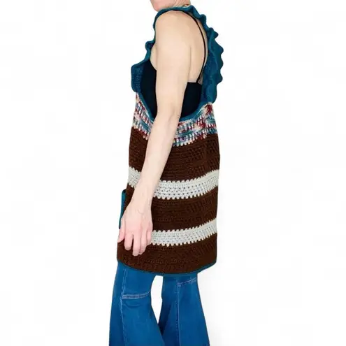 Vintage Handmade Brown & Teal Stripe Ruffle Crochet Hippie Long Sweater Vest Size M