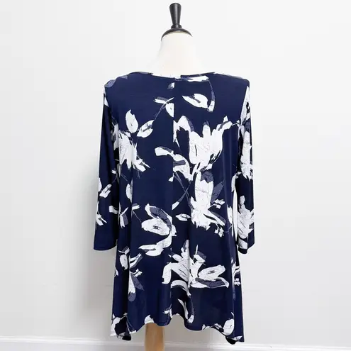 Clara Sun Woo Blue White Floral Leaves Keyhole Boat Neck 3/4 Sleeve Sharkbite L Size L