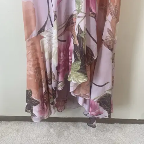 Maison Tara Floral Maxi Dress Sz 4 Pink Orange Chiffon Ruffle Wrap Style