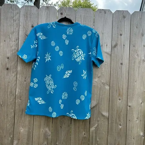 VINTAGE Artsy Fish Shirt size large blue beach turtle sun seashell summer eb ba White
