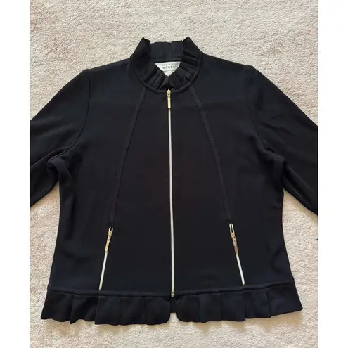 Misook Black Twill Knit Collared Zip Up Sweater Jacket Blazer Office Size S
