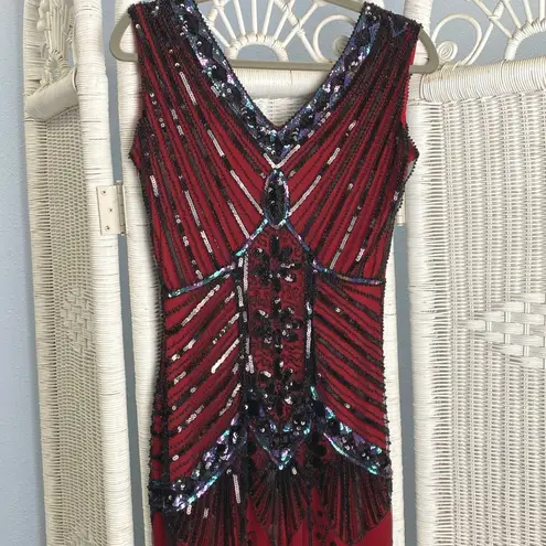 Unique Vintage Red Black Sequin Fringe Flapper Dress 1920s Gatsby Small