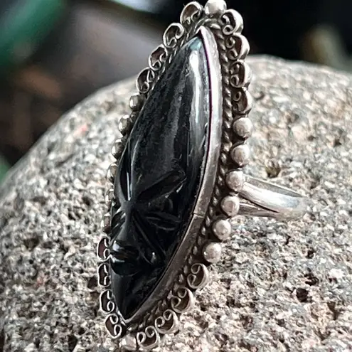 Taxco Mexican Mask 925 Sterling Silver Aztec Mayan Inca Face Tribal Large Ring Black