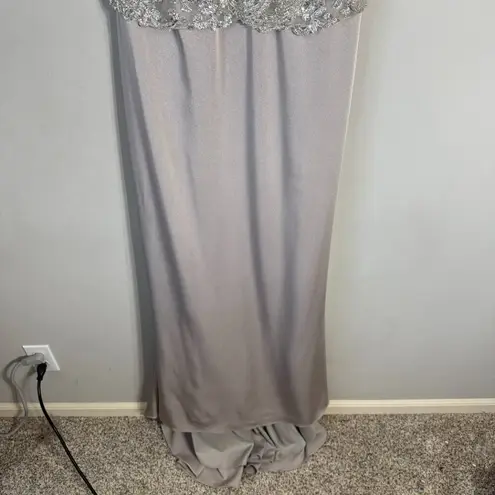 NWOT Montage by Mon Cheri Strapless Beaded Satin Gown Womens 12 Champage Sheer Silver