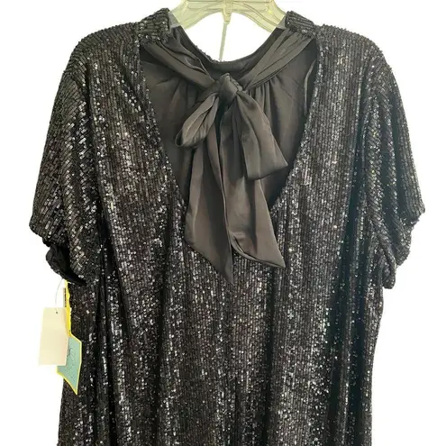 CeCe Black Sequin Cocktail Shift Dress Satin Tie Neck Short Sleeve NEW Size 3X