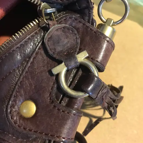 Salvatore Ferragamo TAN & BROWN DISTRESSED EMBOSSED LEATHER W/GANCINI FRINGE