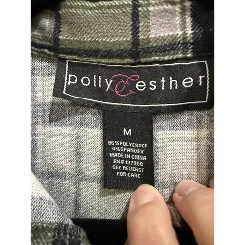 Polly Esther Women's Plaid Flannel Button Down Shirt Top Green Black White