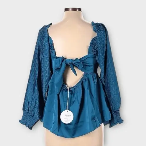 Petal and Pup Montana Blue Satin Square Neck Babydoll Top Back Tie Cut Out XS New