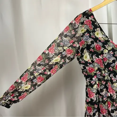 B_Envied Large Rose Floral V Neck Sheer Sleeve Mini Skirt Formal Pleat Flowy