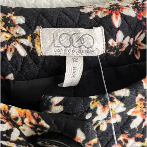 LOGO By Lori Goldstein LOGO Blazer Jacket Lined Floral Print Quilted Business Casual Black Coat Long