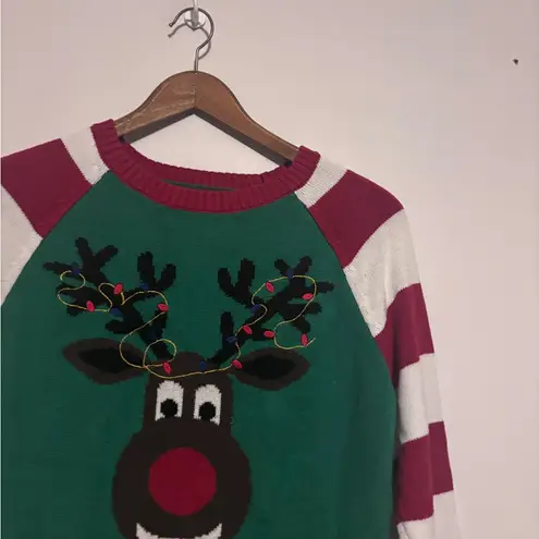 Ugly Christmas Sweater Ugly Christmas Green Red & White Reindeer Crewneck Striped Long Sleeve Sweater