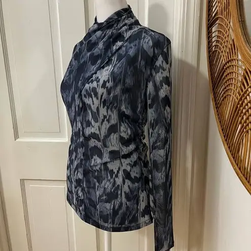 ALLSAINTS Tia Mesh Semi Sheer Blue Abstract Boho Artsy High Neck Ruched Top Sz 6